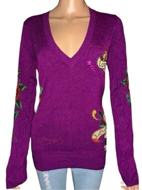 Ed Hardy rhinestone hearts and skull V neck sweater